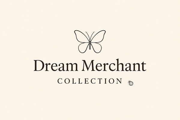 Minimal, elegant logo design on a soft beige background. Centered serif text reads: Dream Merchant Collection. Above the text, a simple artistic butterfly symbol. Small, subtle ladybug accent near the lettering. The style should look refined, premium, and versatile for use as a digital greeting card brand logo.